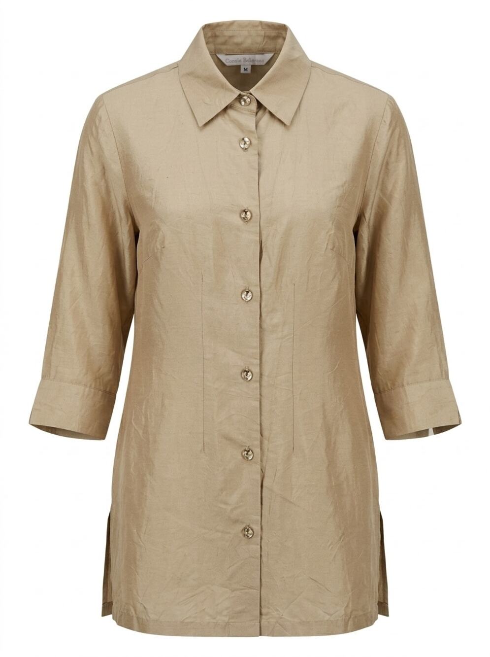 Connie Roberson 100% Silk Made in USA Beige Button-Up Tunic Women Size M